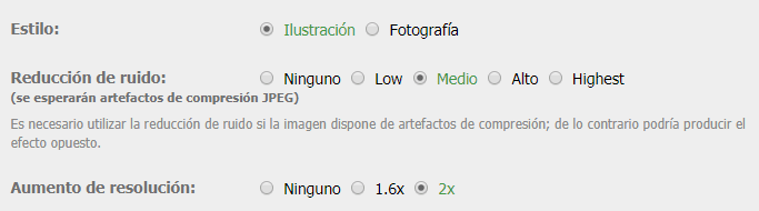 Opciones para redimensionar una imagen en Waifu2X