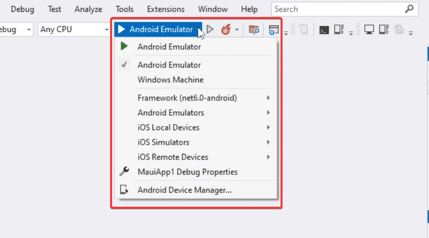 Creación de emulador para .NET MAUI