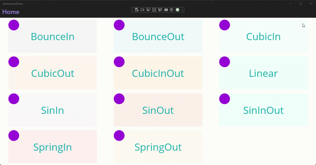 The execution of an application showing all the animations available on .NET MAUI